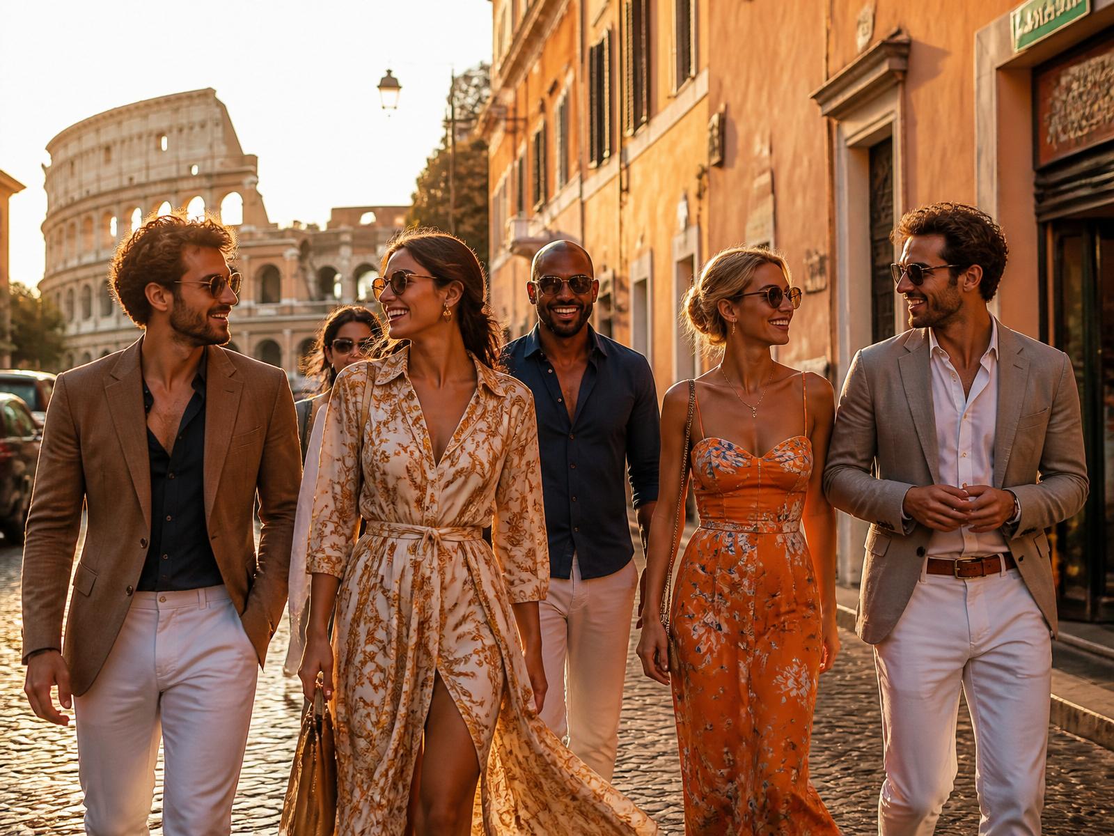 Diverse travelers walking together in Rome